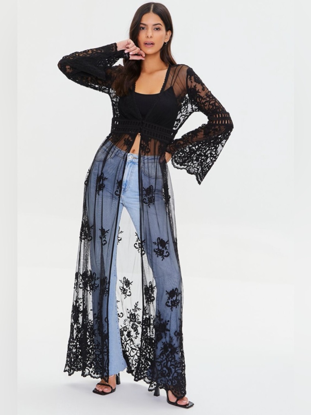 NWOT Forever 21 SHEER CROCHET LACE KIMONO Black Duster Floral Embroidery cover L
